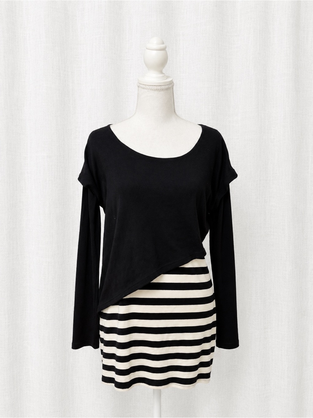Black Layered Long-Sleeve Top with Striped Hem